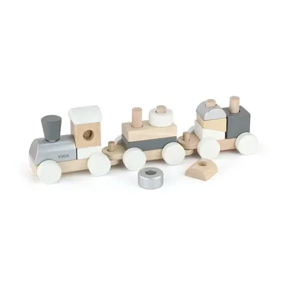 Train Bois Naturel et Gris à Tirer avec Blocs à Empiler Viga Toys 18M+