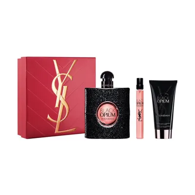 Coffret Black Opium YSL : EDP 90 ml, spray 10 ml et lait 50 ml